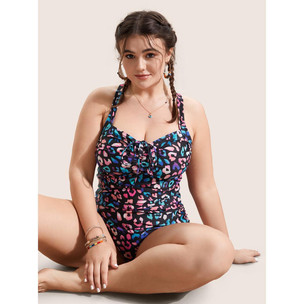 Plus Size Leopard Print Gathered Knotted One Piece Swimsuit Women's Swimwear Multicolor Beach Gathered Curve Bathing Suits High stretch One Pieces BloomChic 22-24/3X Product Image