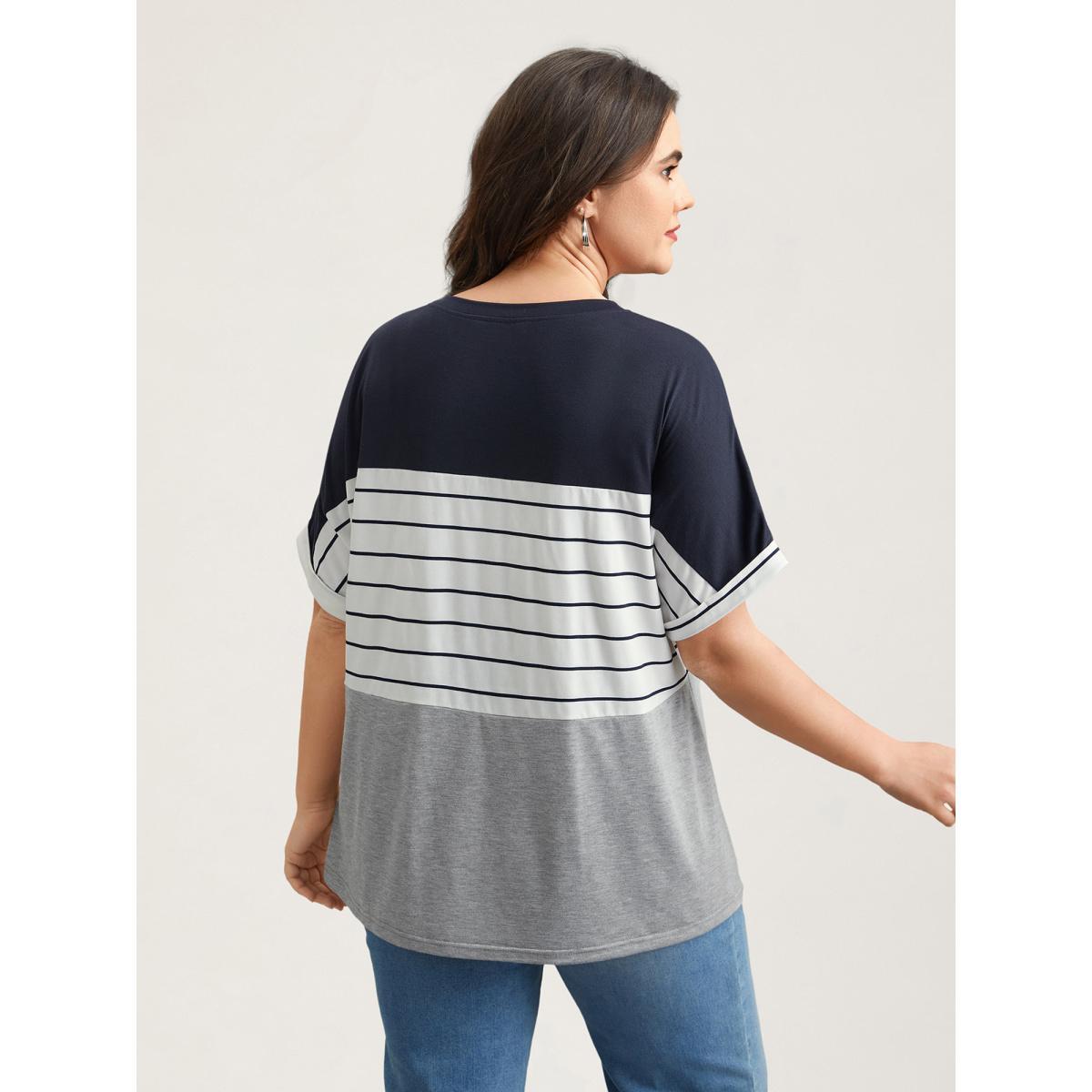 Plus Size Color-Block Stretchy Stripes T-Shirt DarkBlue Women Leisure Contrast Round Neck Casual T-shirts BloomChic 14-16/1X Product Image
