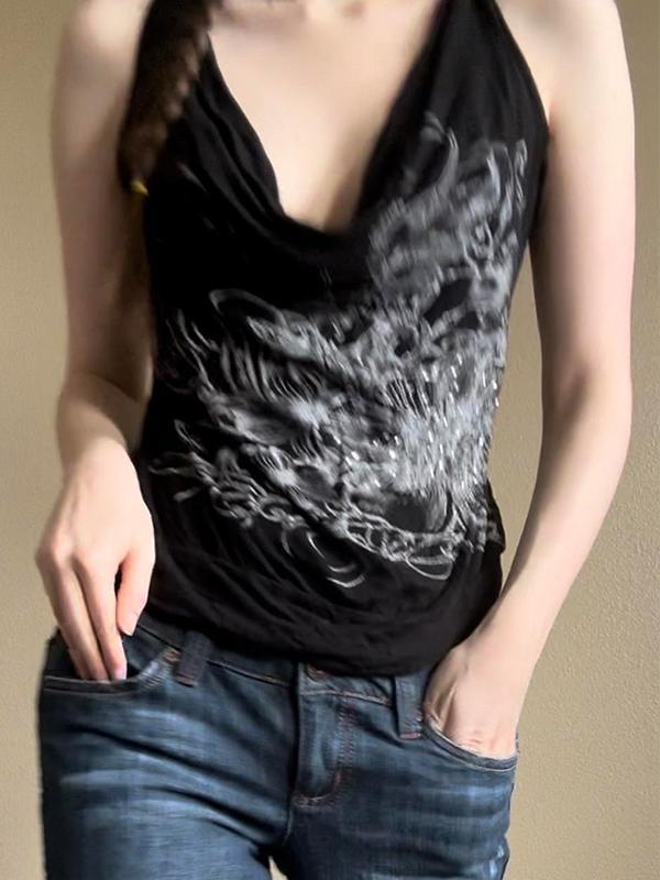 Dark Retro Print Casual Top Product Image