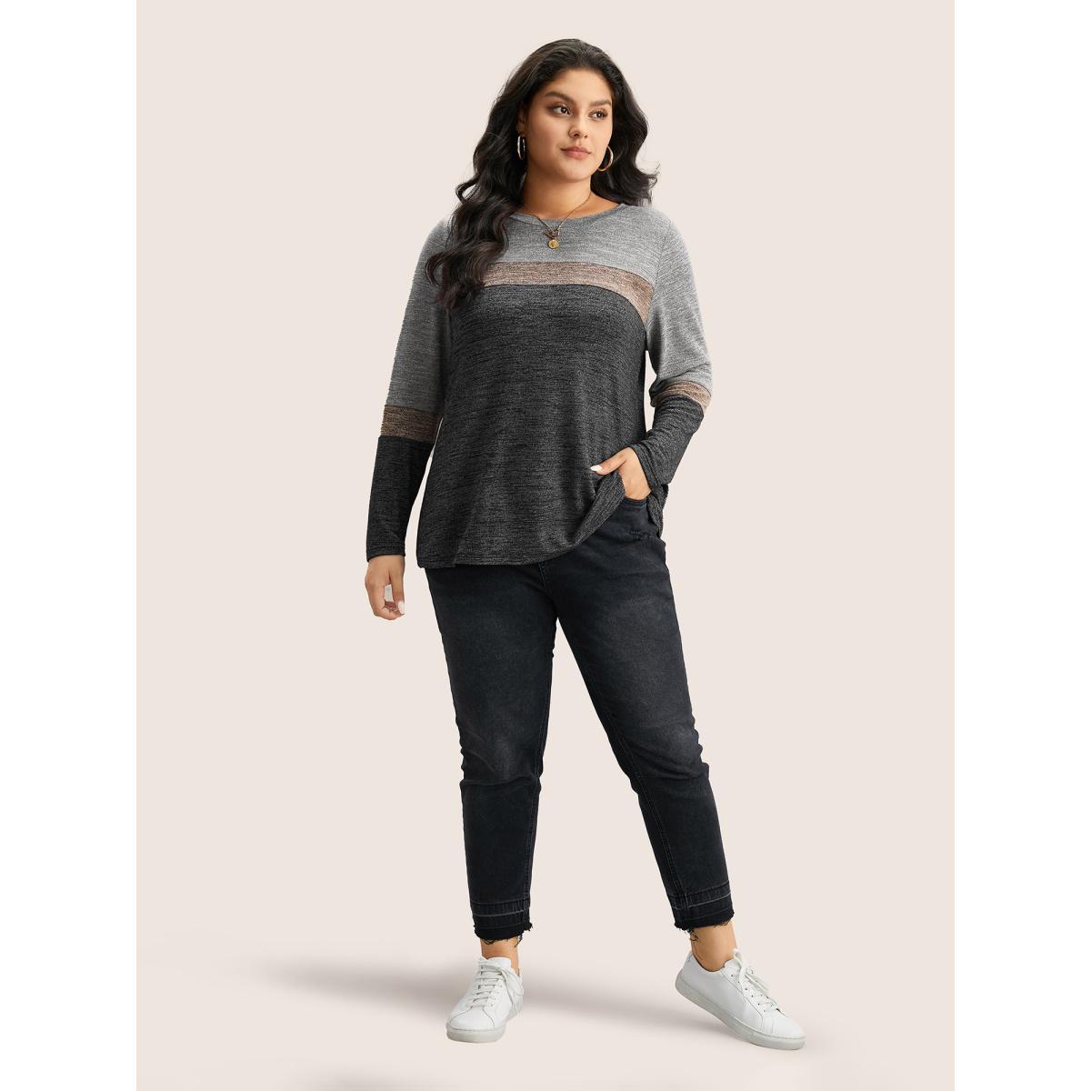 Plus Size Heather Colorblock Contrast Crew Neck T-shirt Gray Women Casual Texture Plain Round Neck Everyday T-shirts BloomChic 22-24/3X Product Image