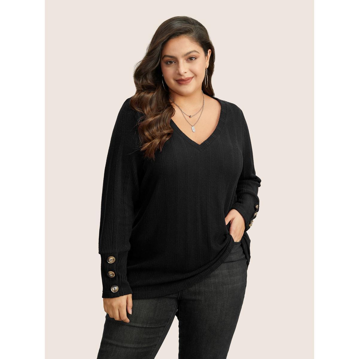 Plus Size Rib Knit V Neck Button Detail T-shirt Black Women Casual Non Plain V-neck Everyday T-shirts BloomChic 28/5X Product Image