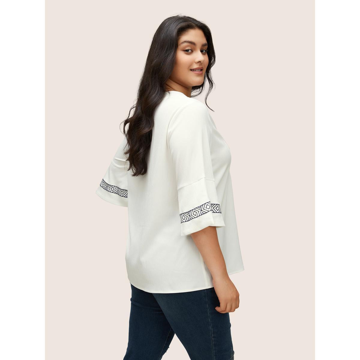 Plus Size Ivory Boho Print Embroidered Gathered Notched Blouse Women Resort Half Sleeve Flat collar with V-notch Vacation Blouses BloomChic 26/4X Product Image