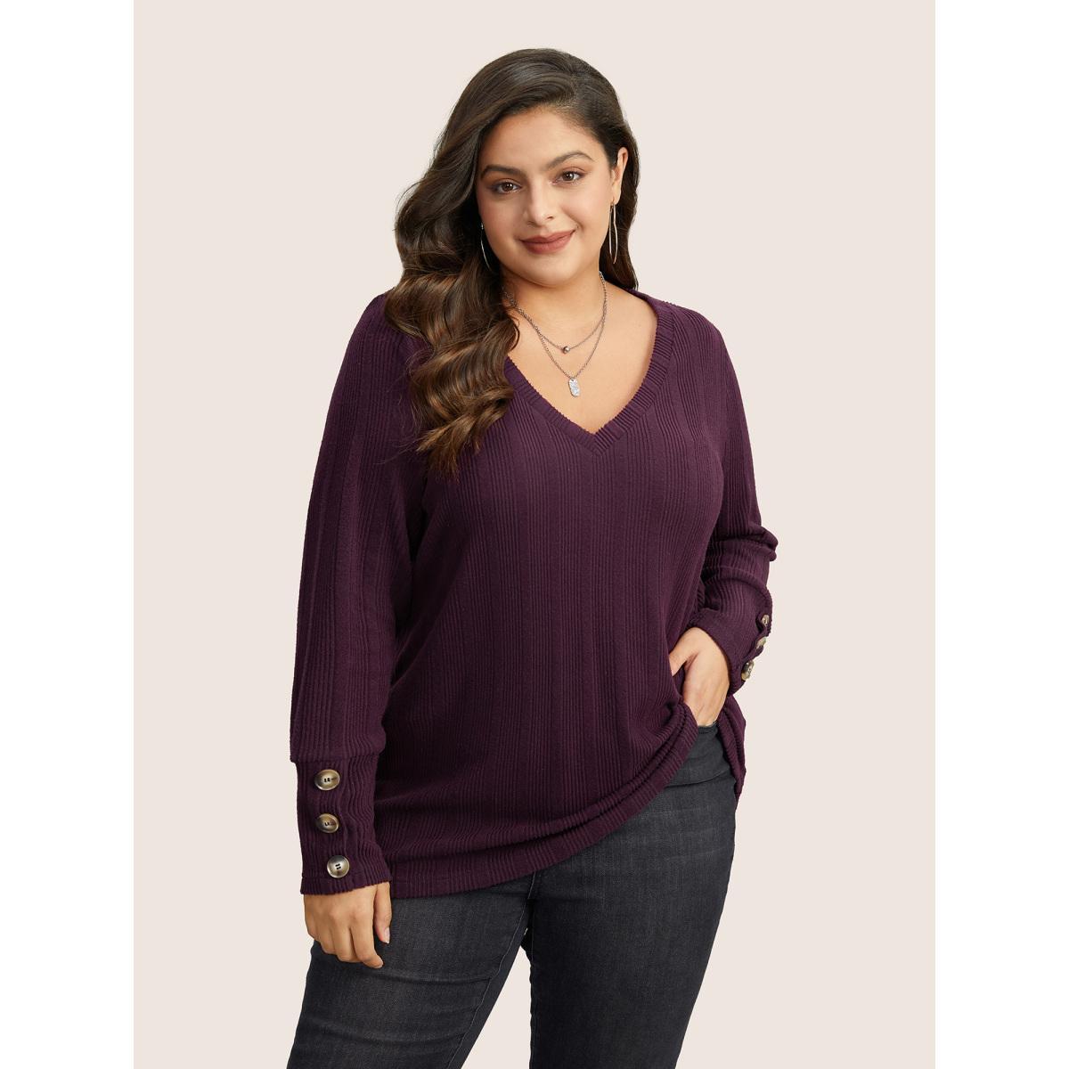 Plus Size Rib Knit V Neck Button Detail T-shirt Green Women Leisure Non Plain V-neck Casual T-shirts BloomChic 22-24/3X Product Image