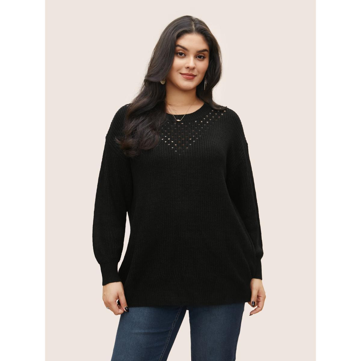 Plus Size Plain Round Neck Hollow Out Drop Shoulder Pullover Black Women Casual Loose Long Sleeve Round Neck Dailywear Pullovers BloomChic 28/5X Product Image