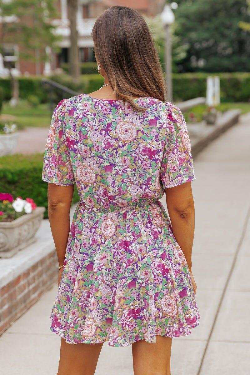 Purple Floral Print Surplice Mini Dress - FINAL SALE Product Image