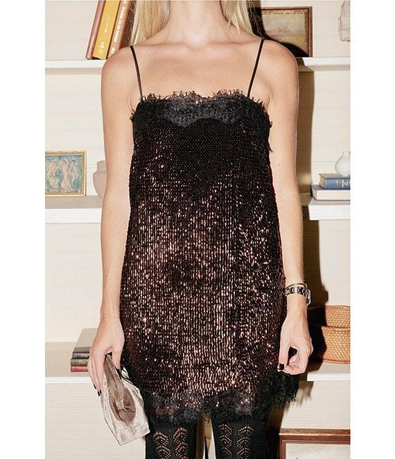 Gianni Bini x Lilly Sisto Tinsley Sequin Lace Trim Square Neck Spaghetti Strap Slip Mini Dress Product Image