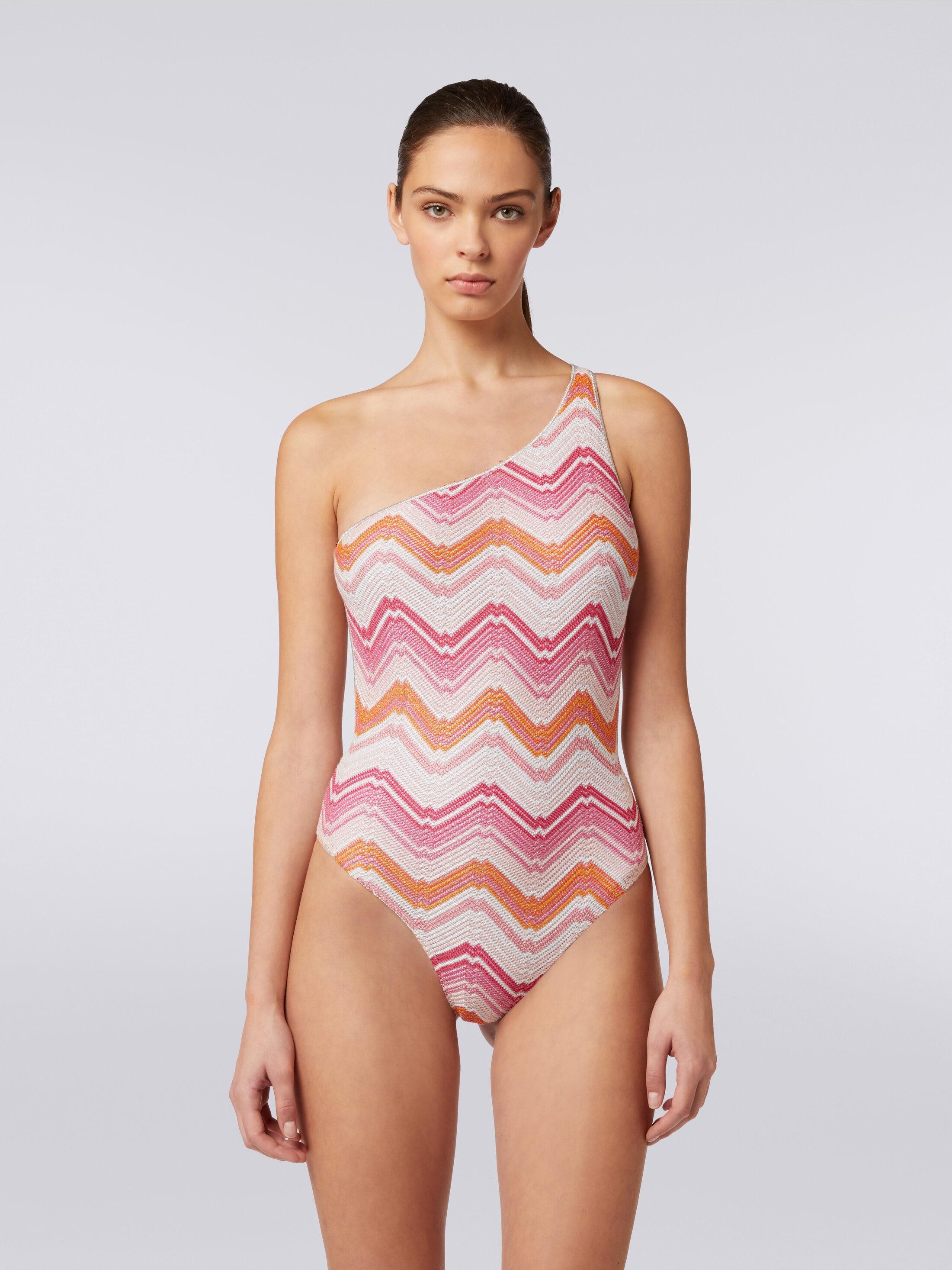 One-shoulder one-piece swimming costume in chevron crochet with lurex Product Image