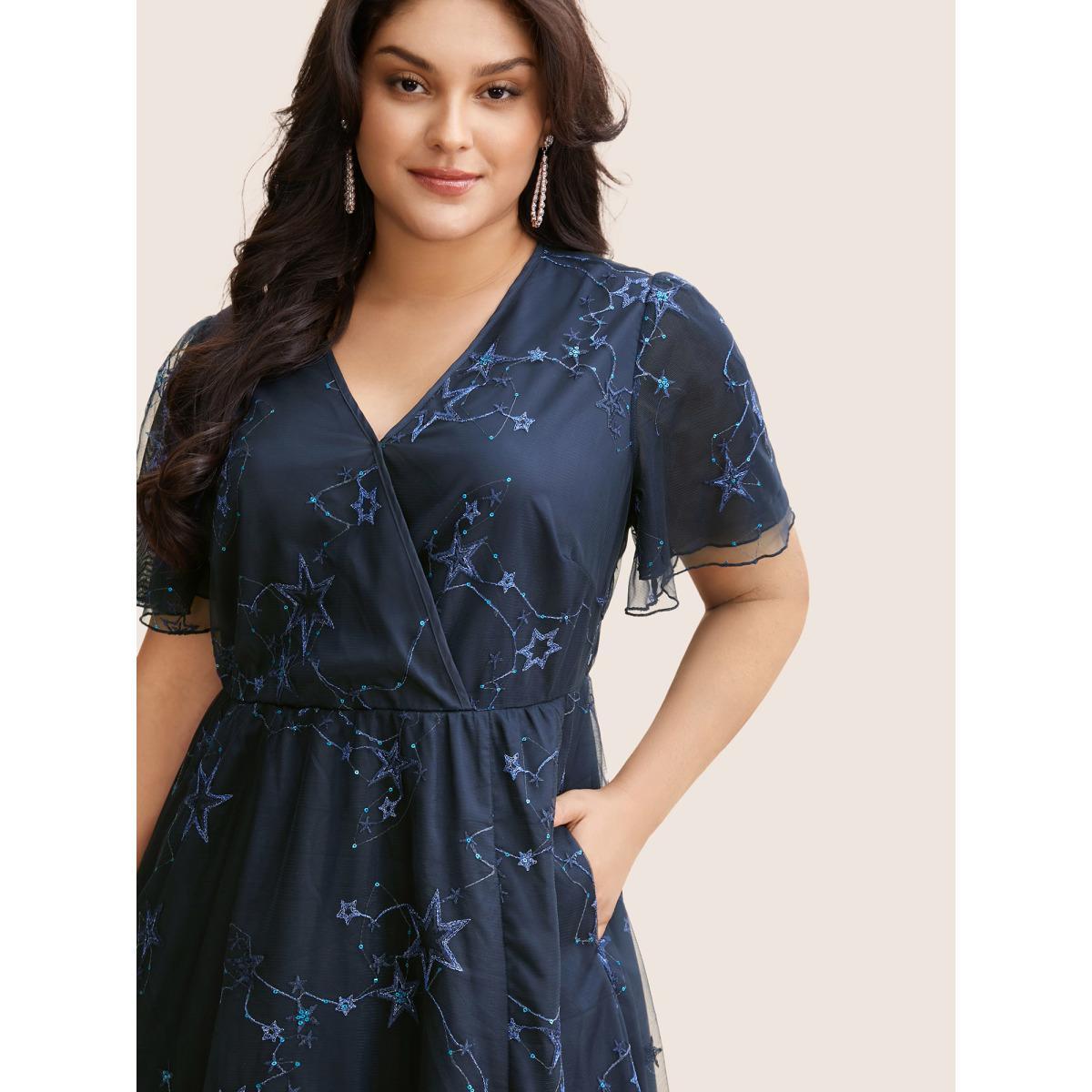 Plus Size Star Embroidered Mesh Split Hem Dress DarkBlue Women Formal See through Overlap Collar Short sleeve Curvy BloomChic 14-16/1X Product Image