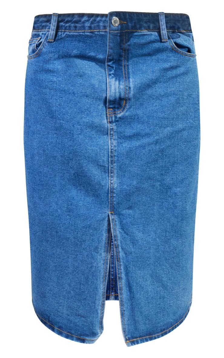 Plus Mid Blue Wash Split Front Denim Midi Skirt Product Image