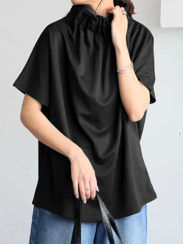 Loose Short Sleeves Solid Color Stand Collar T-Shirts Tops Product Image