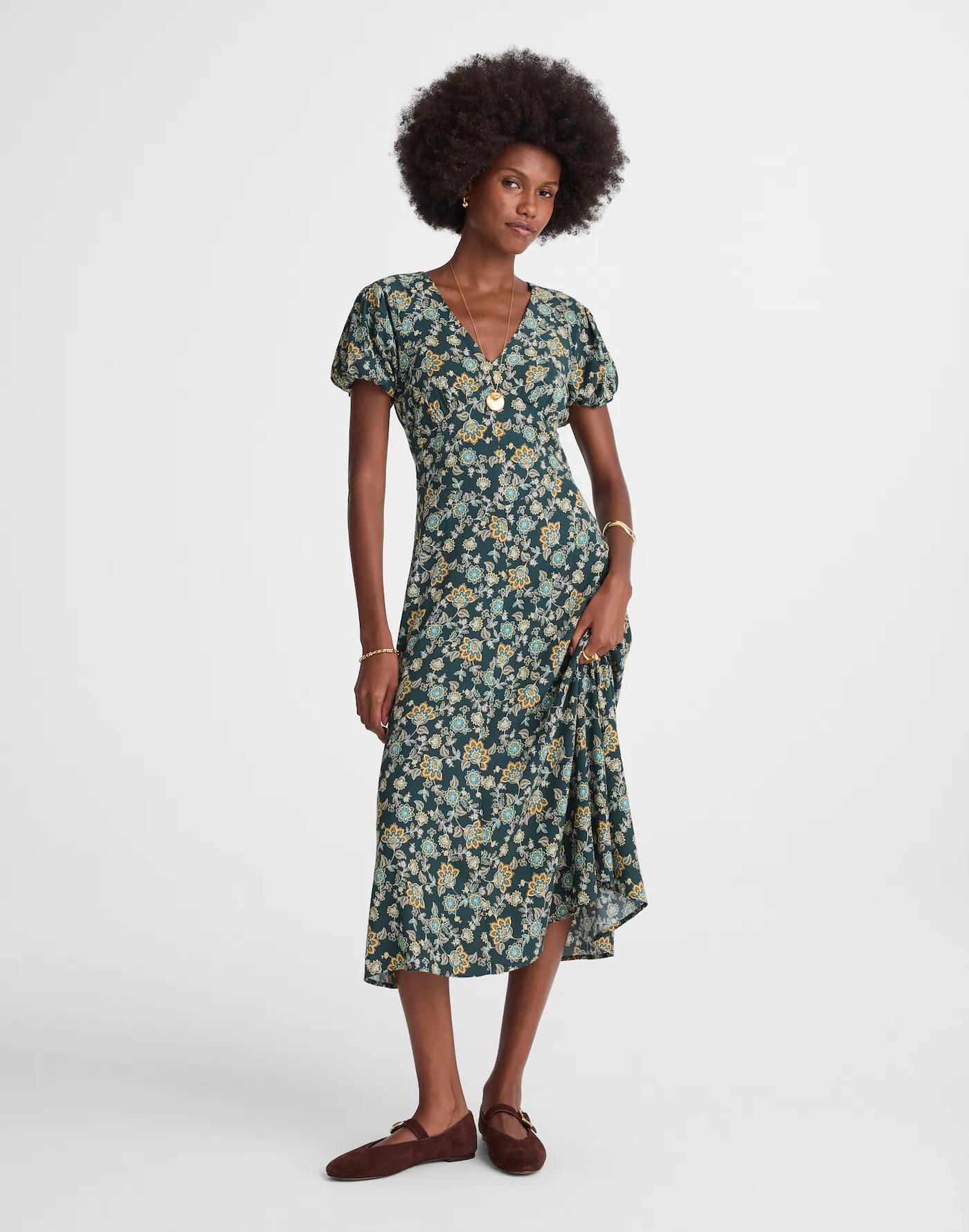Seamed Puff-Sleeve Midi Dress in Floral Product Image