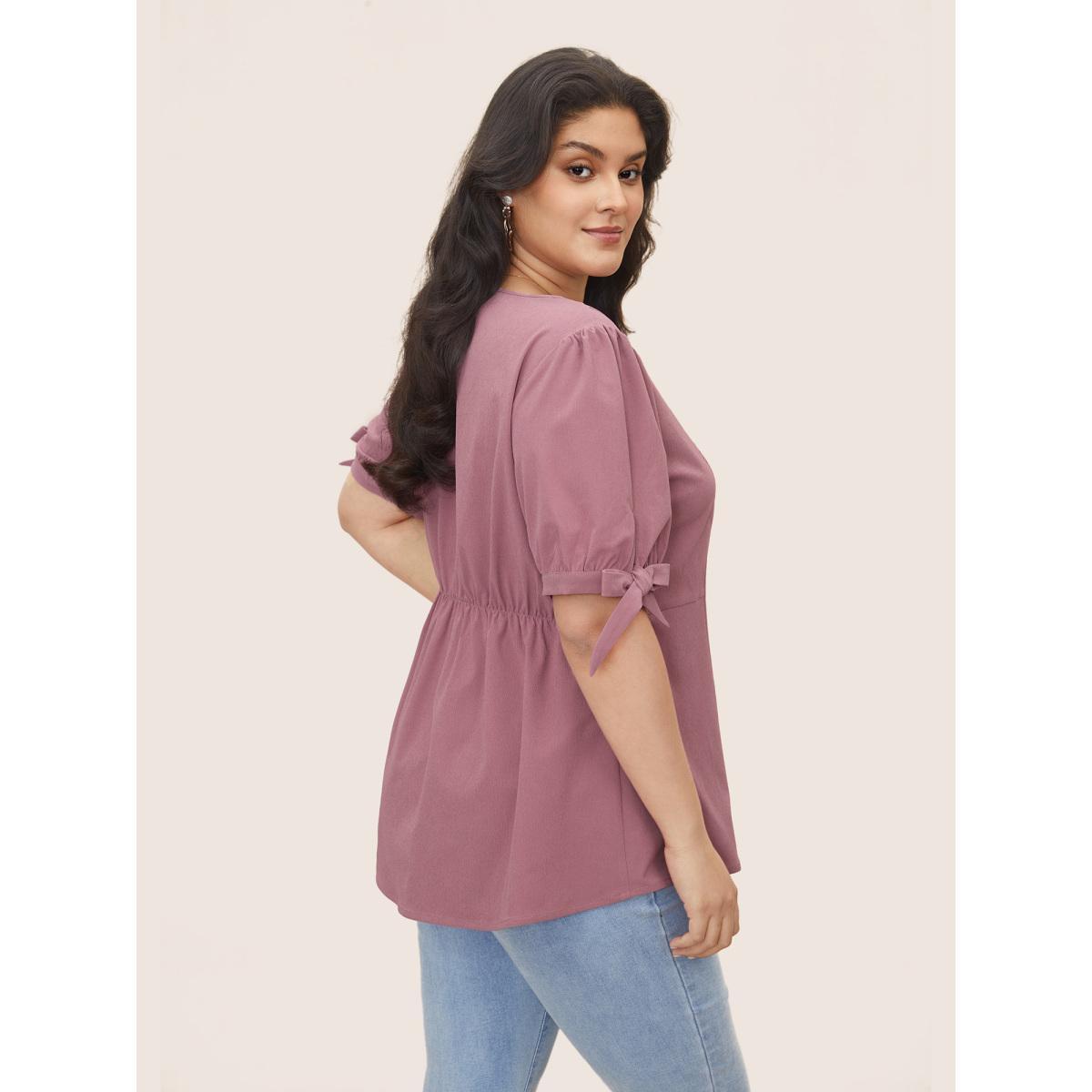 Plus Size RedViolet Stretchy Woven Tie Knot Button Detail Blouse Women Casual Half Sleeve V-neck Everyday Blouses BloomChic 18-20/2X Product Image