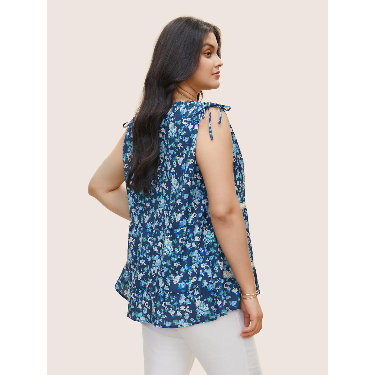 Plus Size Ditsy Floral Drawstring Lace Patchwork Tank Top Women Blue Elegant Cross straps Round Neck Everyday Tank Tops Camis BloomChic 30/6X Product Image
