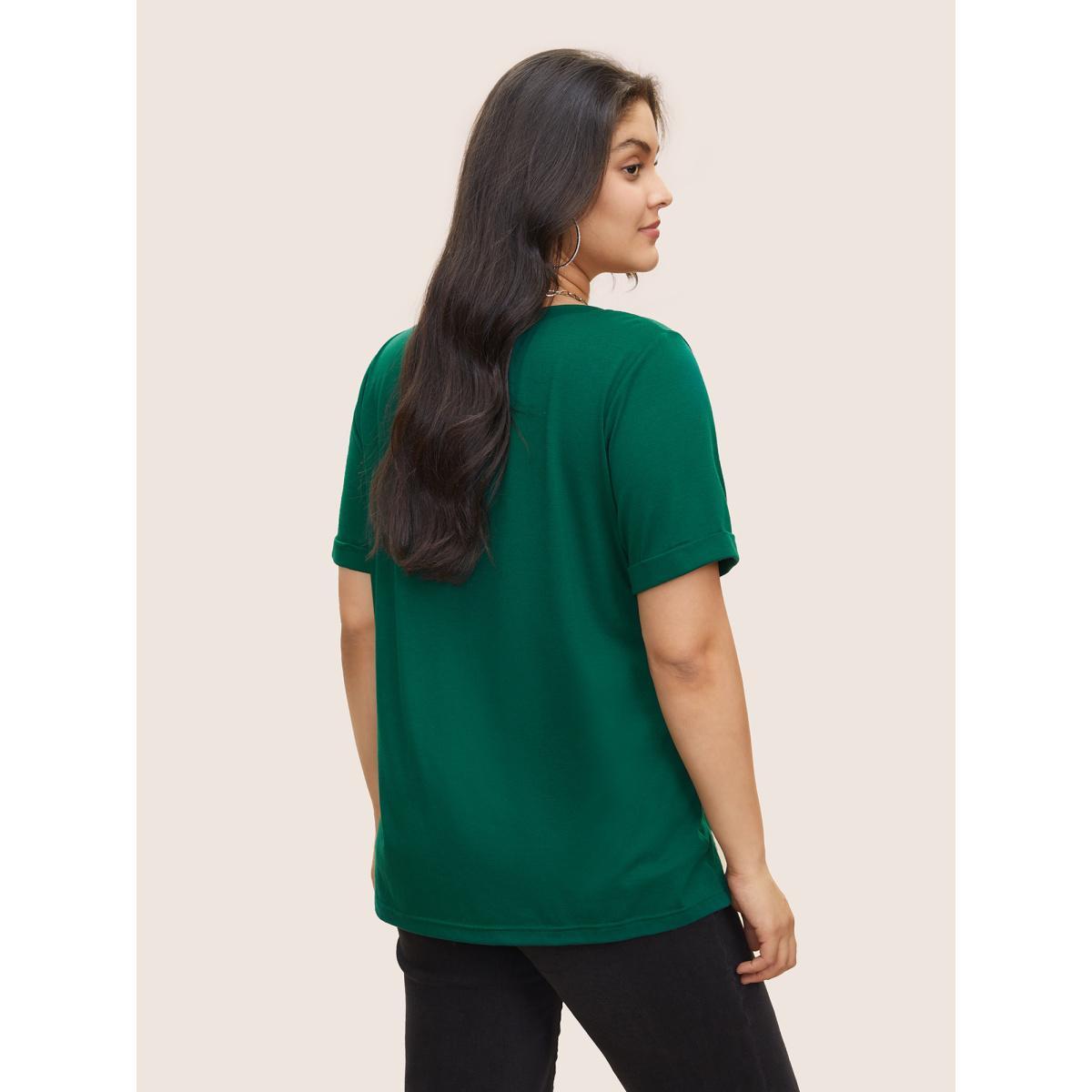 Plus Size Floral Print Cuffed Sleeve Crew Neck T-shirt DarkGreen Women Elegant Non Natural Flowers Everyday T-shirts BloomChic 12/L Product Image