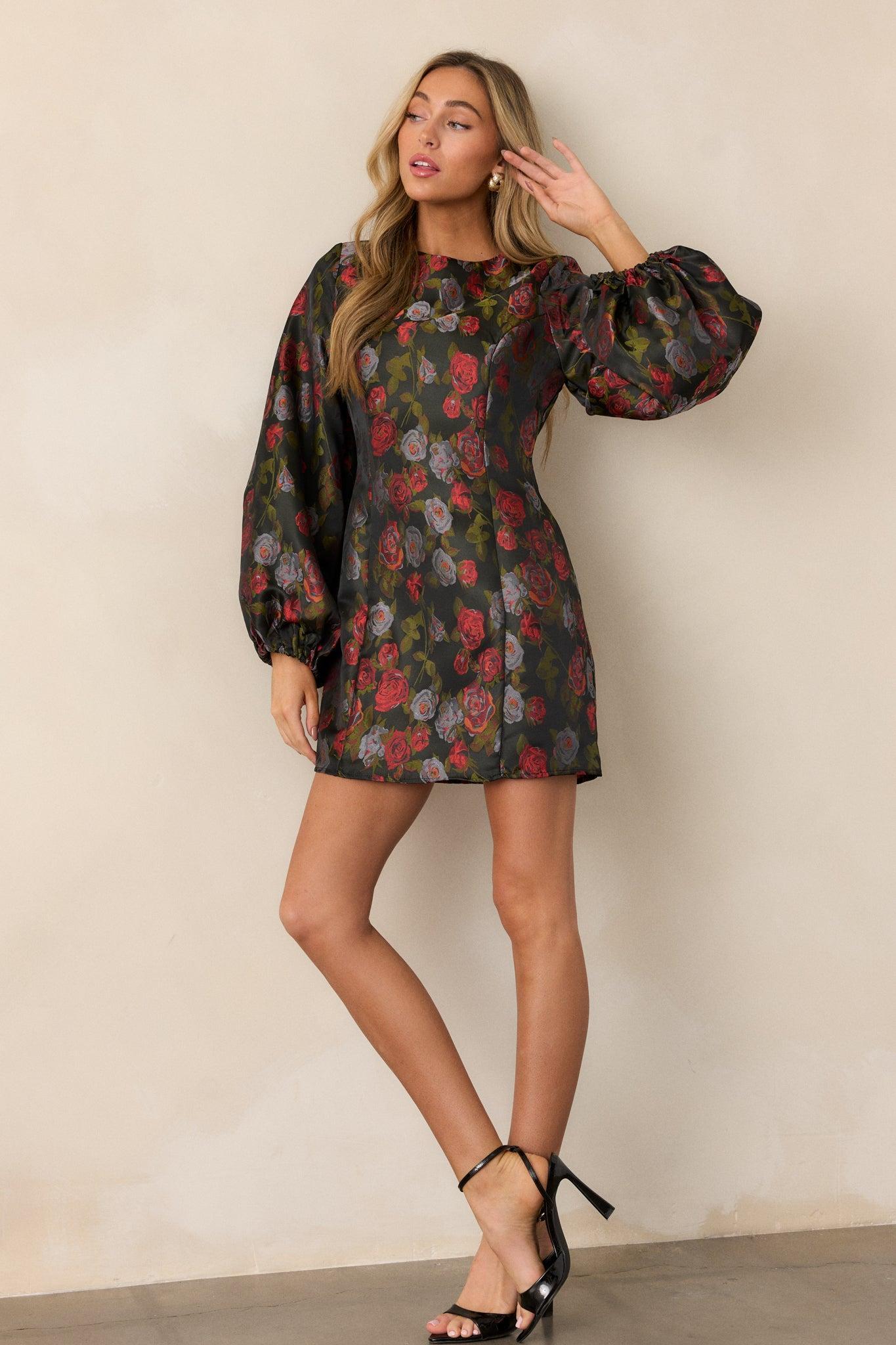 Enchanted Petals Black Floral Balloon Sleeve Mini Dress Product Image