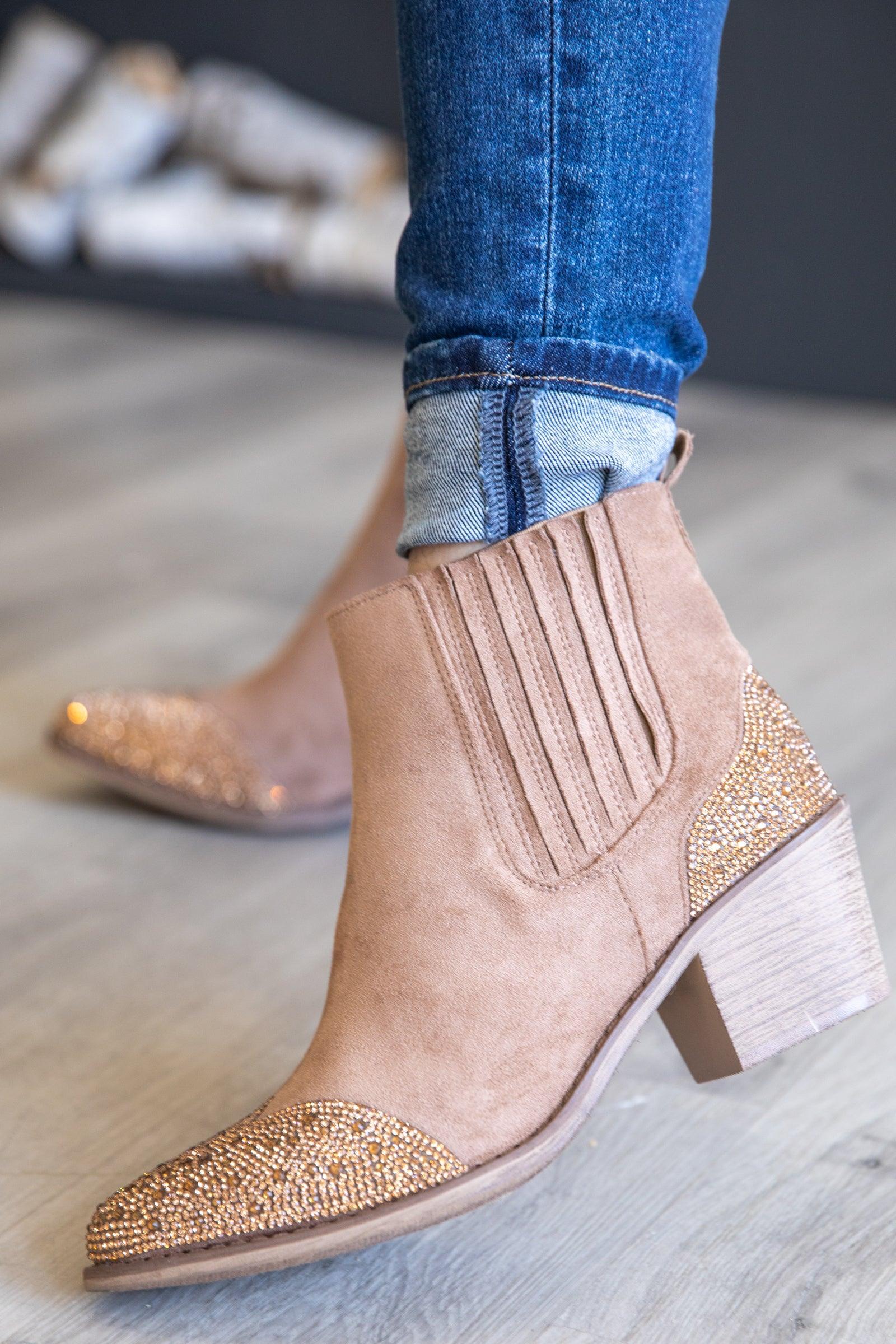 Taupe Faux Suede Booties With Sparkle Toe Product Image