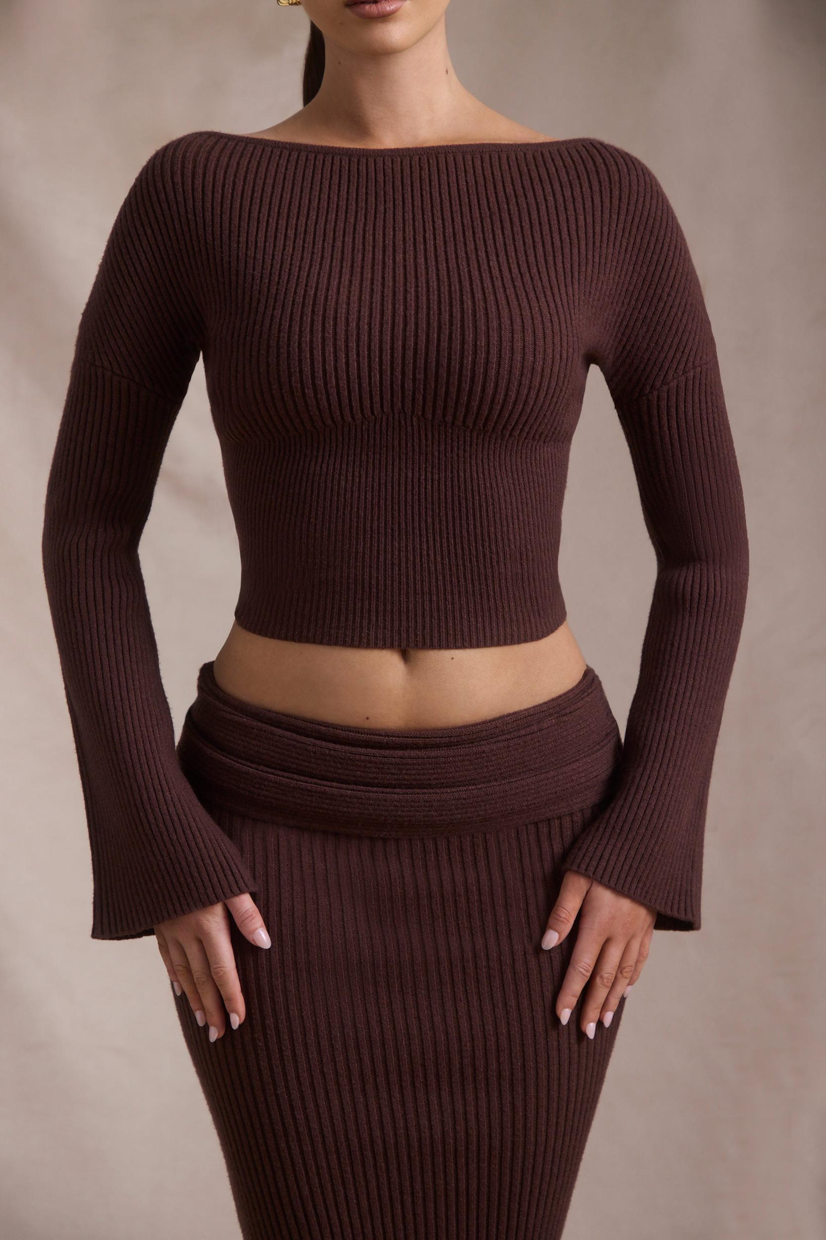 Ribbed-Knit Slash-Neck Top in Espresso Product Image