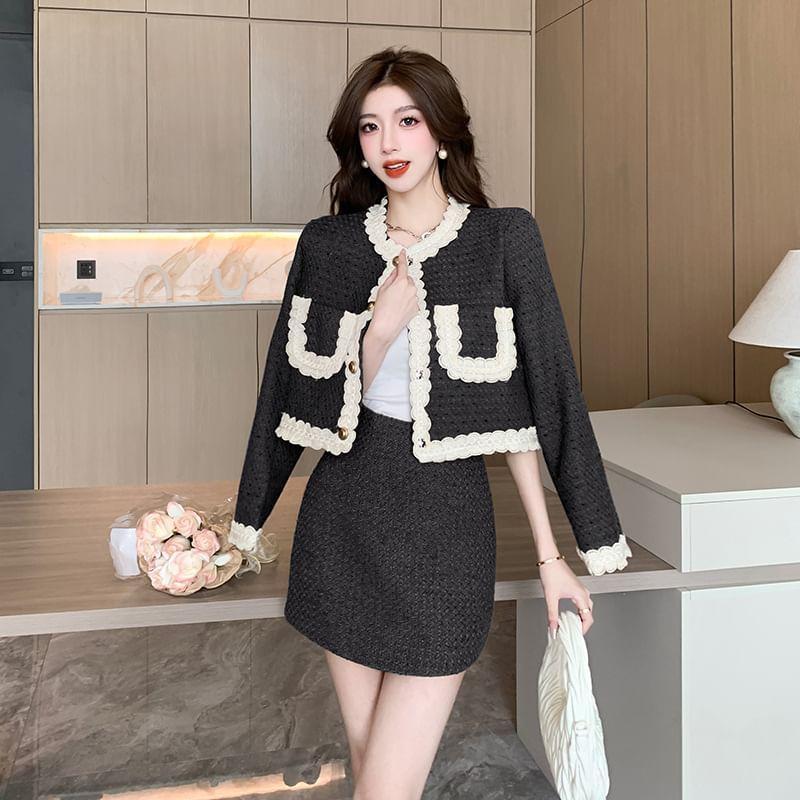 Set: Lace Trim Button-Up Jacket + High Rise Tweed Mini A-Line Skirt Product Image