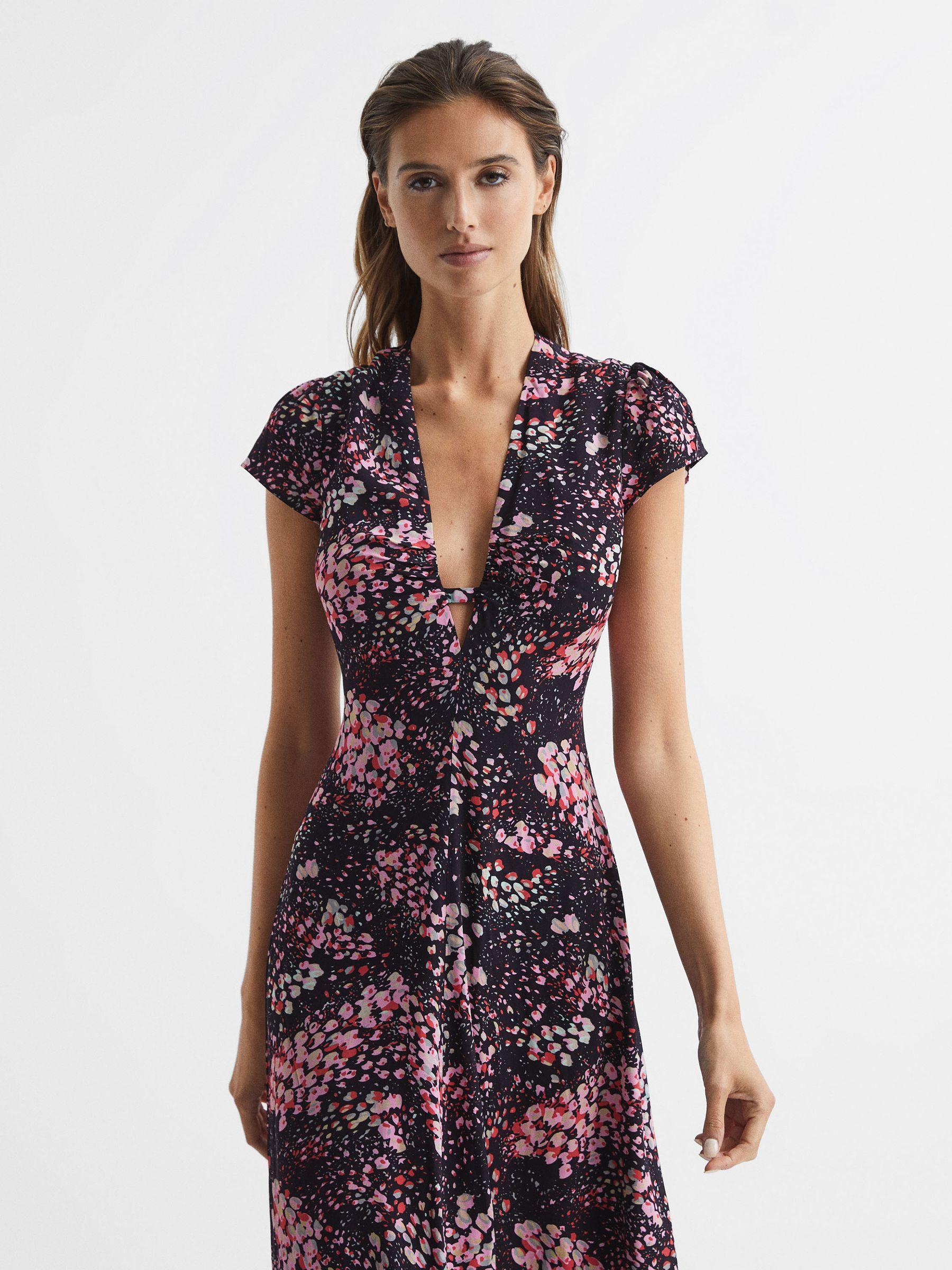 Animal Print Fitted Midi Dress in Black/Pink Product Image