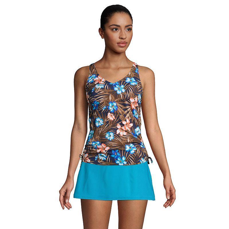 Womens Lands End Ruched-Sides V-Neck UPF 50 Tankini Swimsuit Top Blue Tropic Palm Product Image