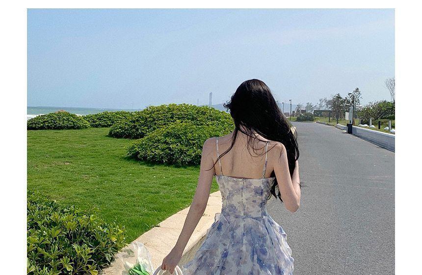 Spaghetti Strap Floral Slit Ruffle Trim Midi A-Line Sundress Product Image