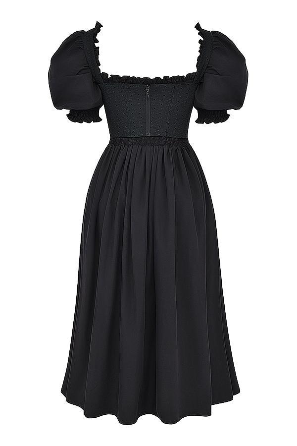 Silvana Black Puff Sleeve Midi Sundress Product Image