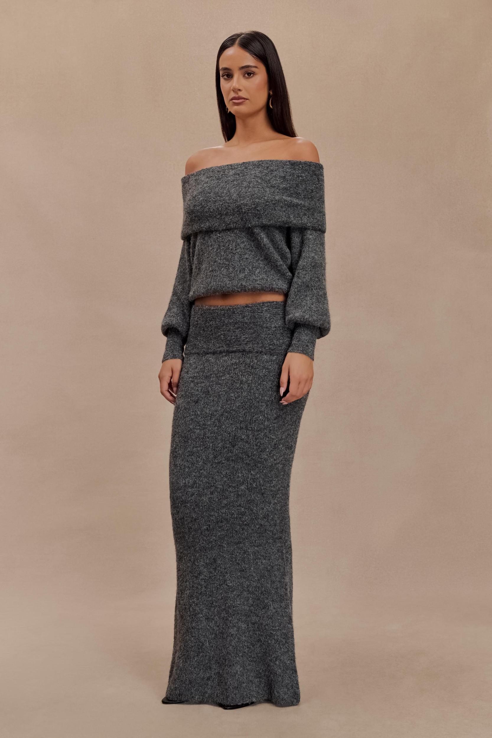 Charlotte Knit Maxi Skirt With Overlay - Charcoal Product Image