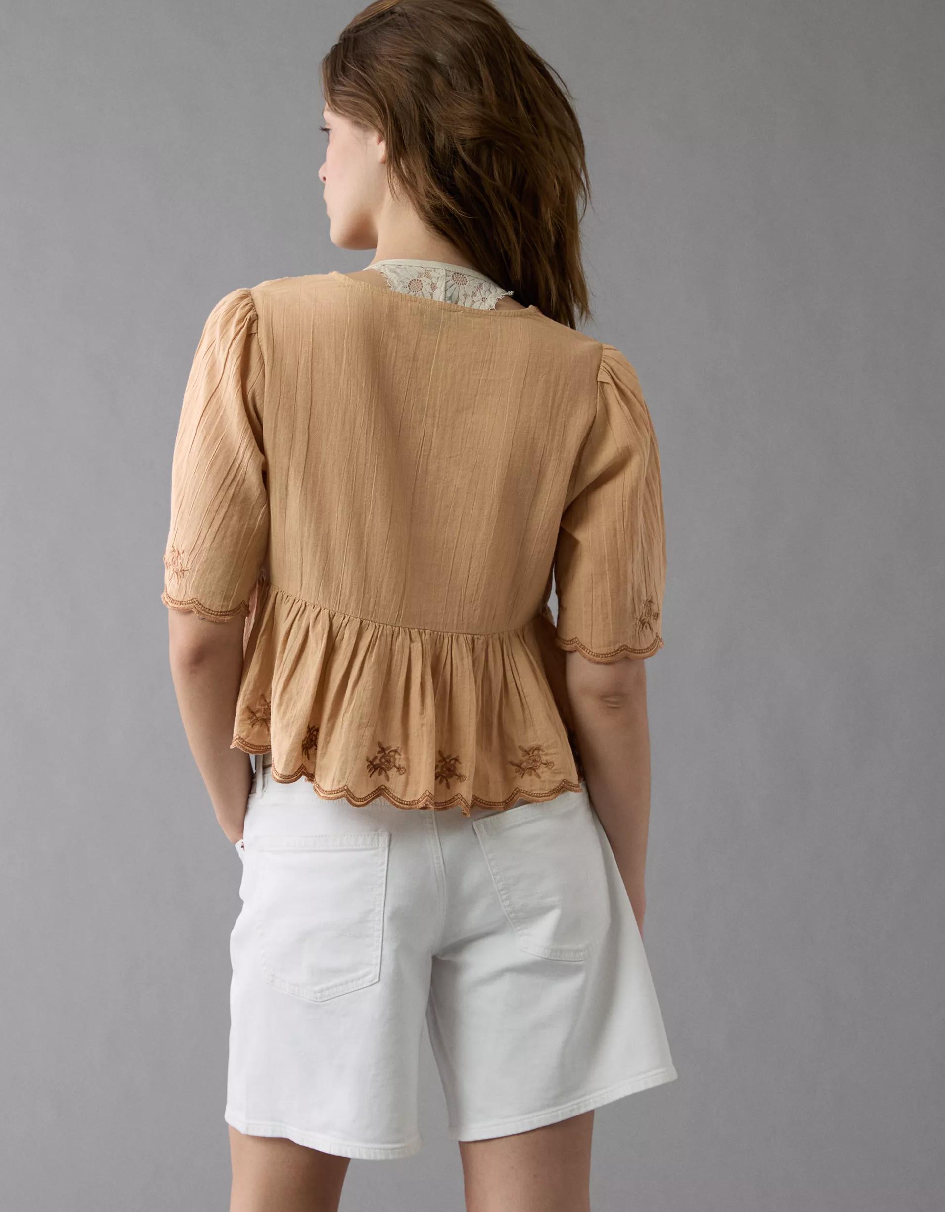 AE Embroidered Tie Front V-Neck Blouse Product Image