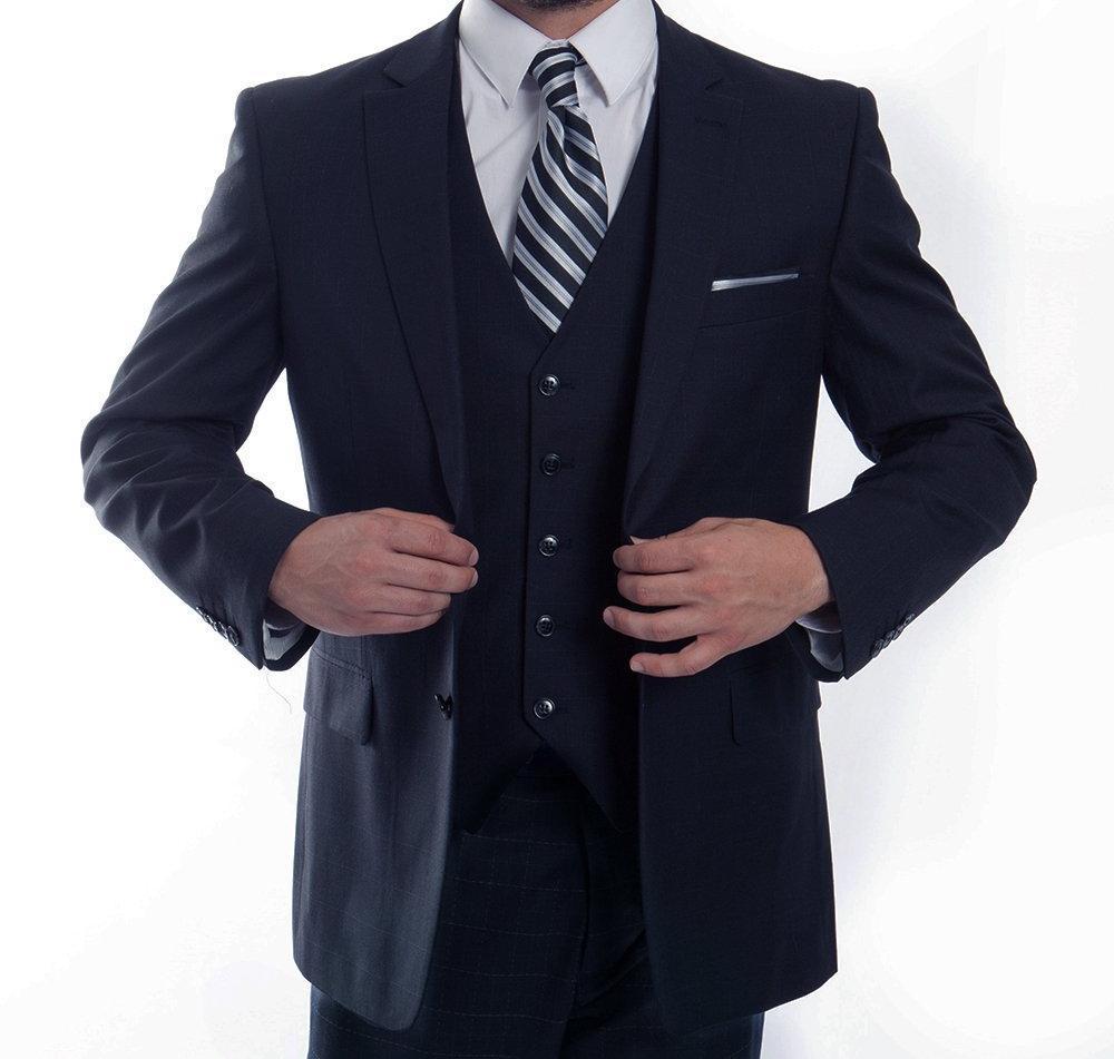 Modern Fit 3 Piece Fine Wool Suit Windowpane Navy Product Image