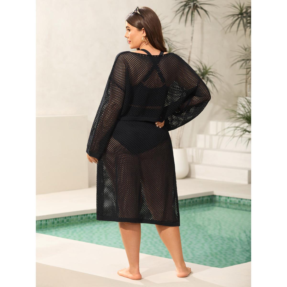 Plus Size Two-Piece Cut-Out Swim Cover-Up Women's Swimwear Black Beach Loose Tie knot Curve Swim Cover Ups BloomChic 12/L Product Image