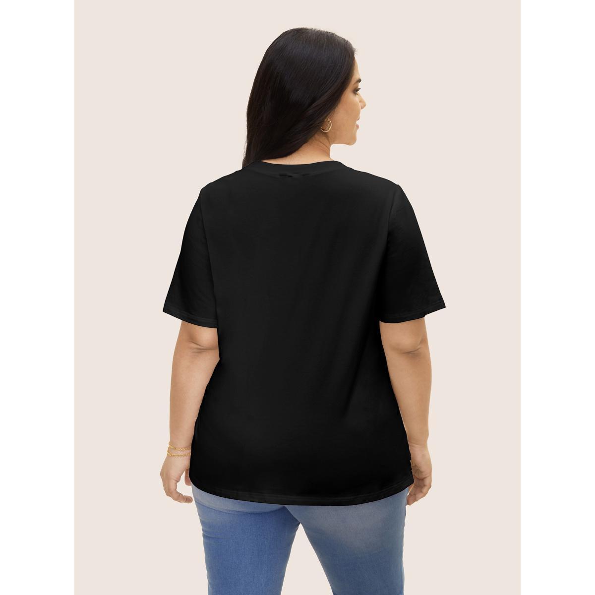 Plus Size Crew Neck Flower Lace Patchwork T-shirt Black Women Elegant Patchwork Round Neck Everyday T-shirts BloomChic 28/5X Product Image