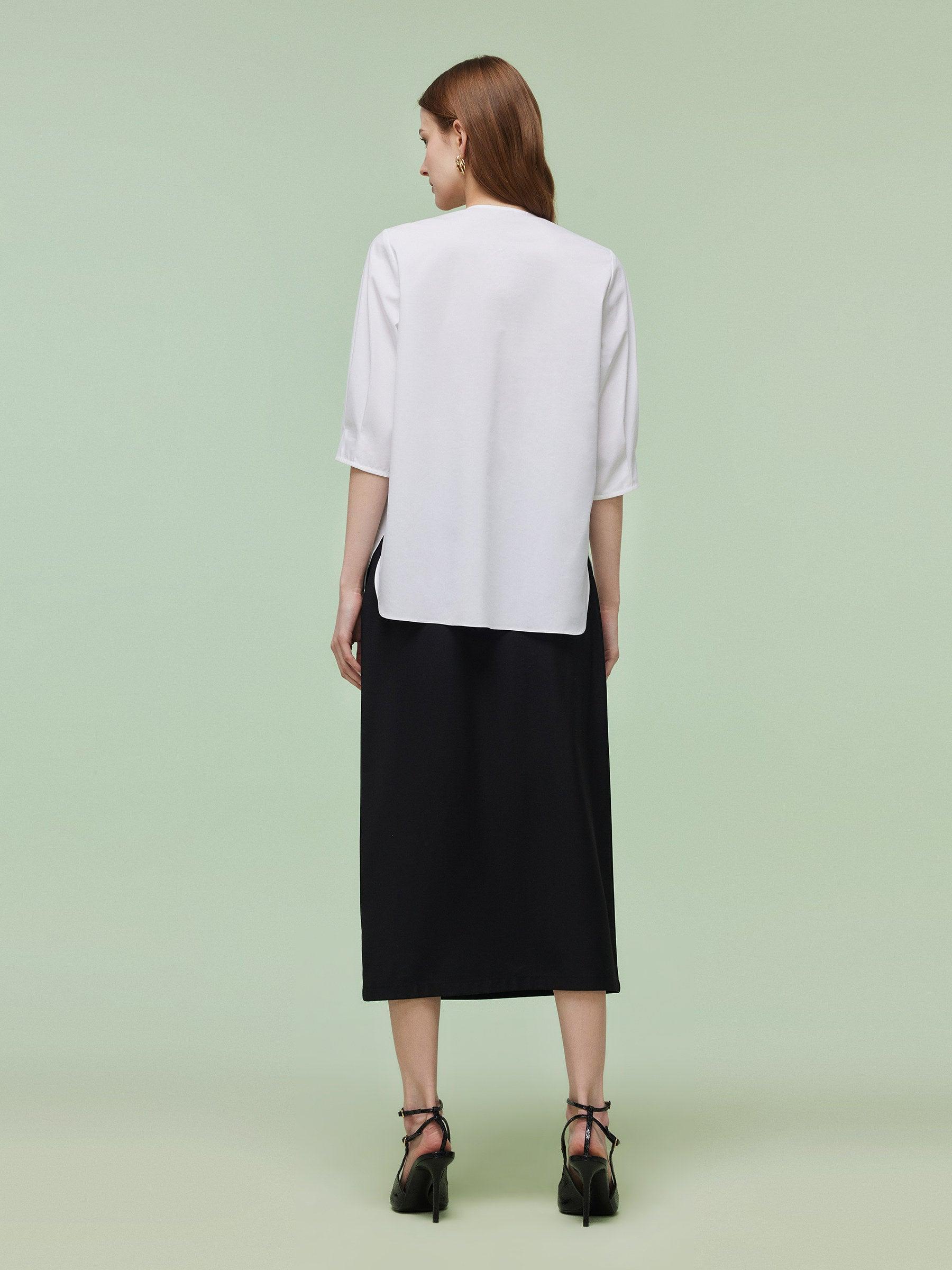 3/4 Sleeve Shirt And Front Slit Skirt Two-Piece Set With Leather Belt Product Image