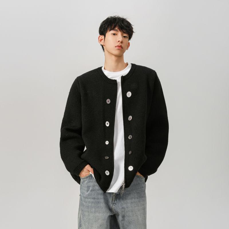 Crew Neck Plain Knit Zip Jacket Product Image