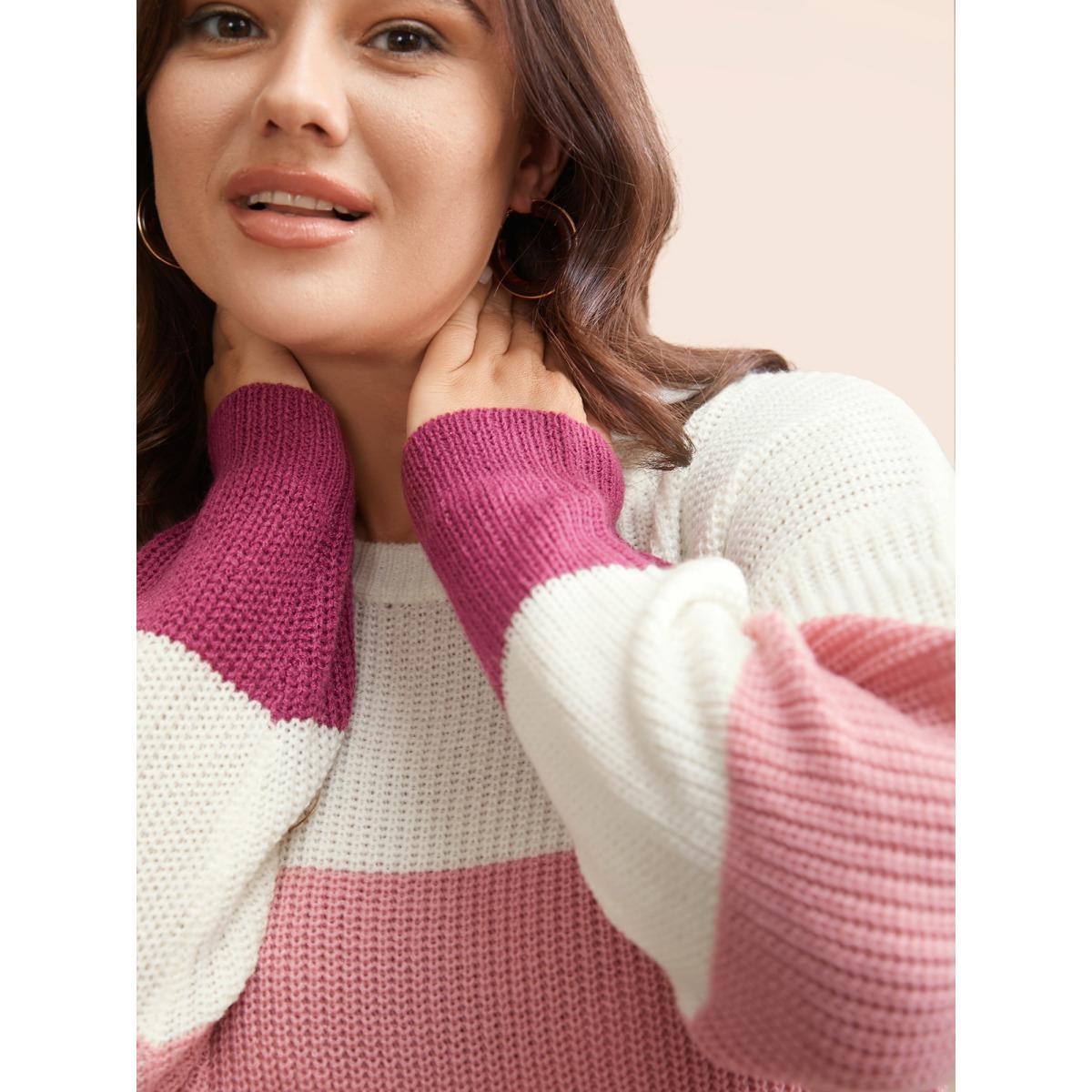 Plus Size Round Neck Colorblock Contrast Pullover RedViolet Women Casual Long Sleeve Round Neck Everyday Pullovers BloomChic 10/M Product Image