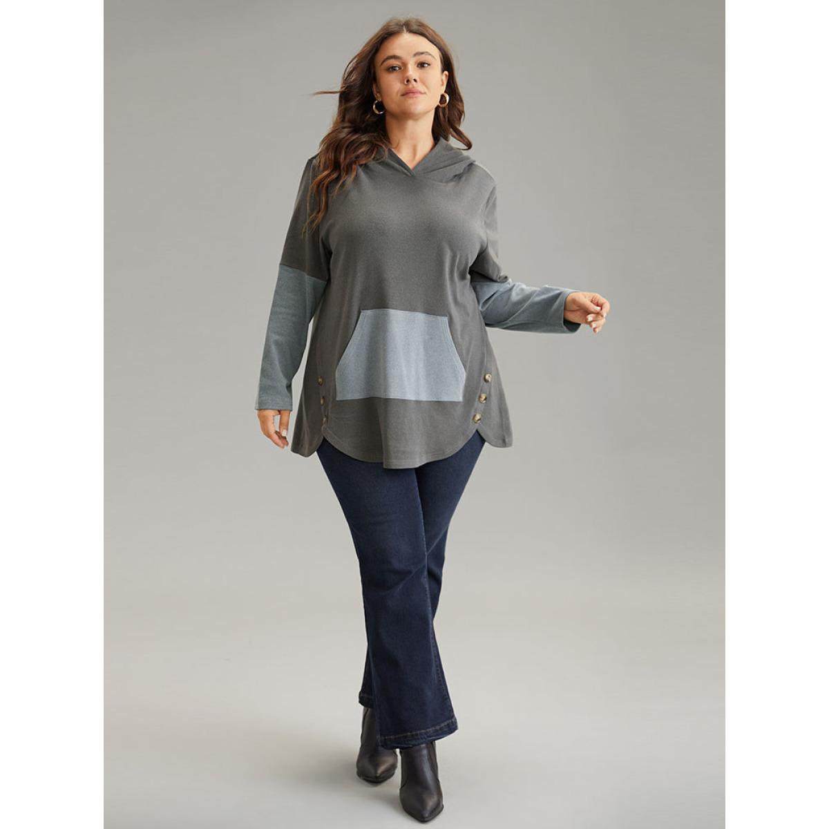 Plus Size Contrast Kangaroo Pocket Hooded Button Detail Sweatshirt Women DimGray Elegant Contrast Hooded Dailywear Sweatshirts BloomChic 28/5X Product Image