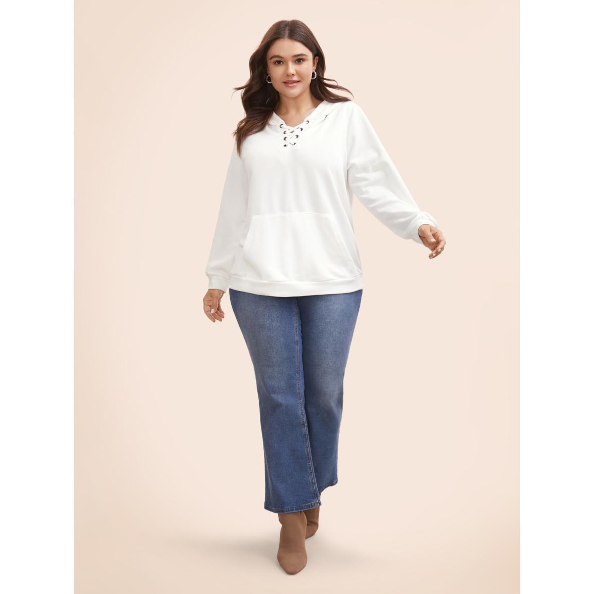 Plus Size Cross Straps Kangaroo Pocket Hooded Sweatshirt Women WhiteSmoke Elegant Eyelet Hooded Everyday Sweatshirts BloomChic 14-16/1X Product Image