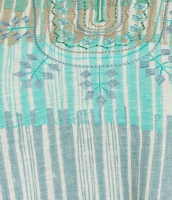 Multiples Plus Size Slub Knit Embroidered Printed Split V-Neck 3/4 Sleeve Top Product Image