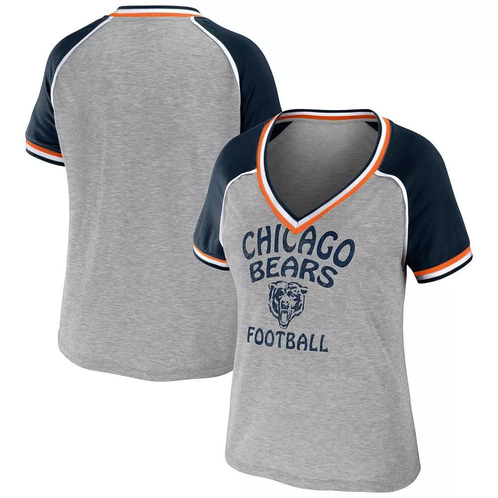 Women's WEAR by Erin Andrews Heather Gray Chicago Bears Throwback Raglan V-Neck T-Shirt, Size: Small, Grey Product Image