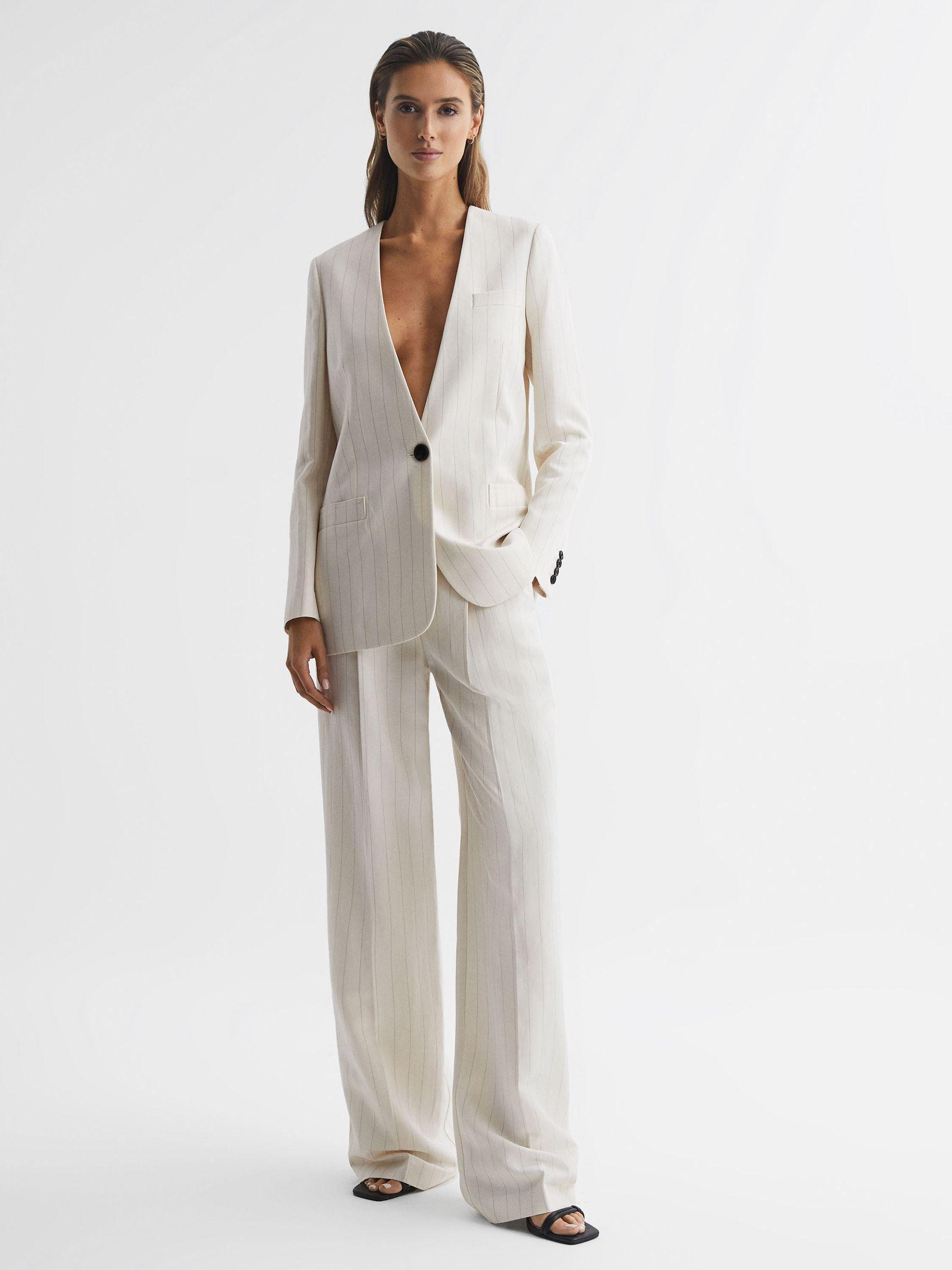 Collarless Pinstripe Blazer in White Product Image