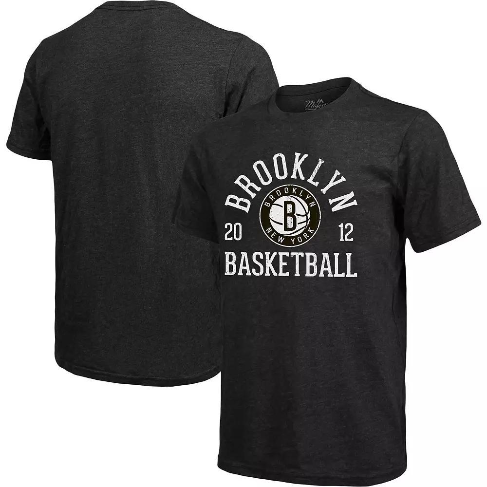 Men's Majestic Threads Heathered Black Brooklyn Nets Ball Hog Tri-Blend T-Shirt,  Product Image