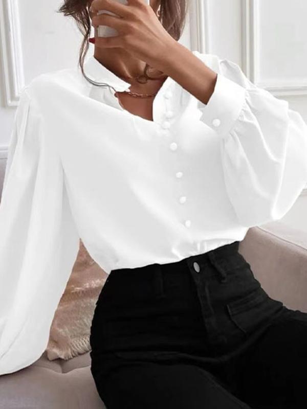 Loose Puff Sleeves Pleated Solid Color Split-Joint Stand Collar Blouses Product Image