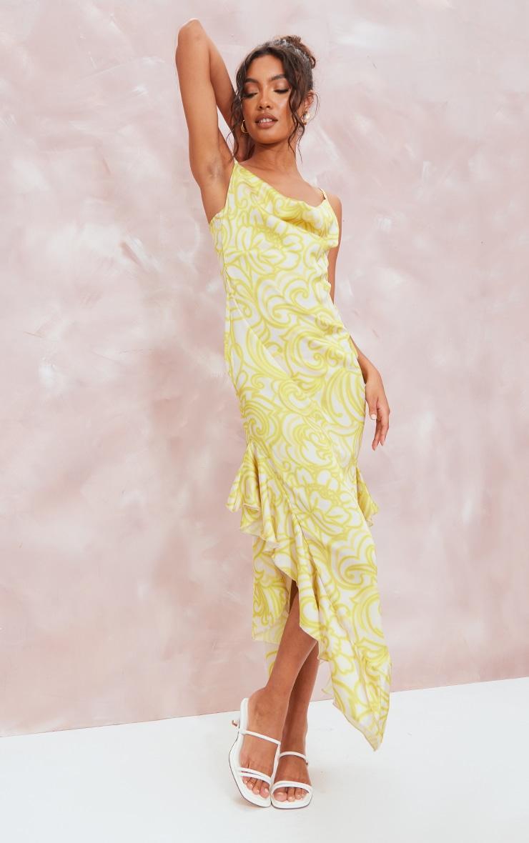 Lemon Floral Print Frill Satin Cowl Maxi Dress Product Image