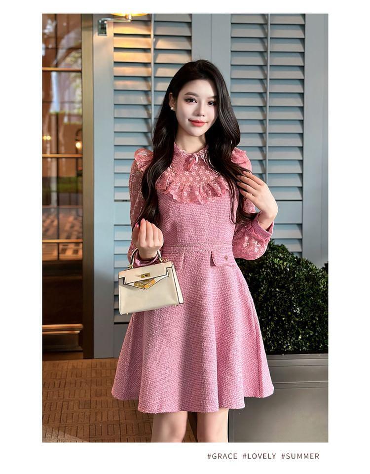 Long-Sleeve Crewneck Mesh Panel Mini A-Line Dress Product Image