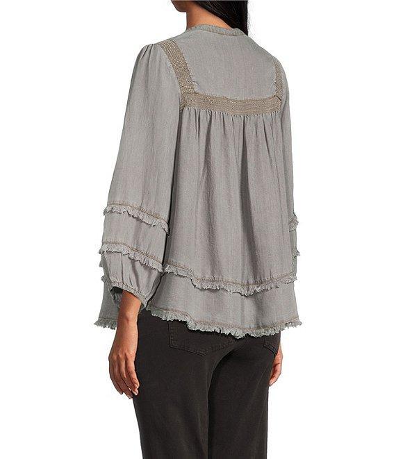 Multiples Petite Size Embroidered Band Collar 3/4 Sleeve Fringe Hem Top Product Image