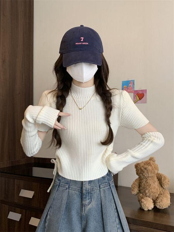 Set: Short-Sleeve Mock Neck Plain Drawstring Crop Knit Top + Long Gloves Product Image