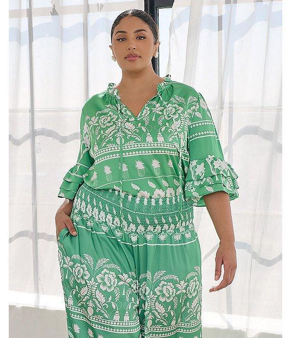 Sugarlips Plus Tropical Printed 3/4 Sleeve Satin Coordinating Top Product Image