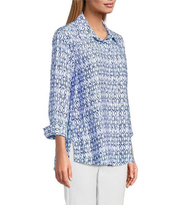 John Mark Allover Ikat Print Point Collar 3/4 Sleeve Hi-Low Hem Button Front Shirt Product Image