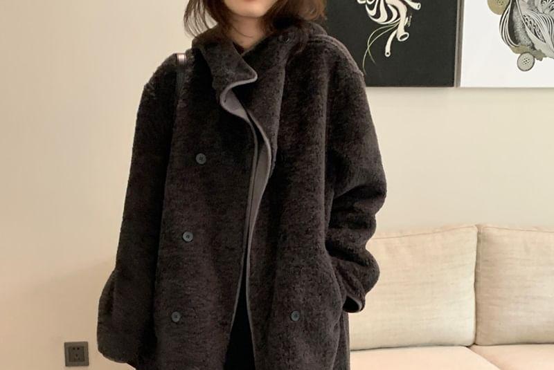 Stand Collar Faux Shearling Midi Double Breasted Coat Product Image