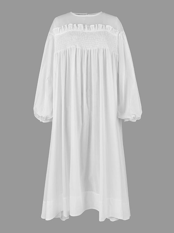 A-Line Long Sleeves Mesh Pleated See-Through Solid Color Split-Joint Round-Neck Midi Dresses Product Image