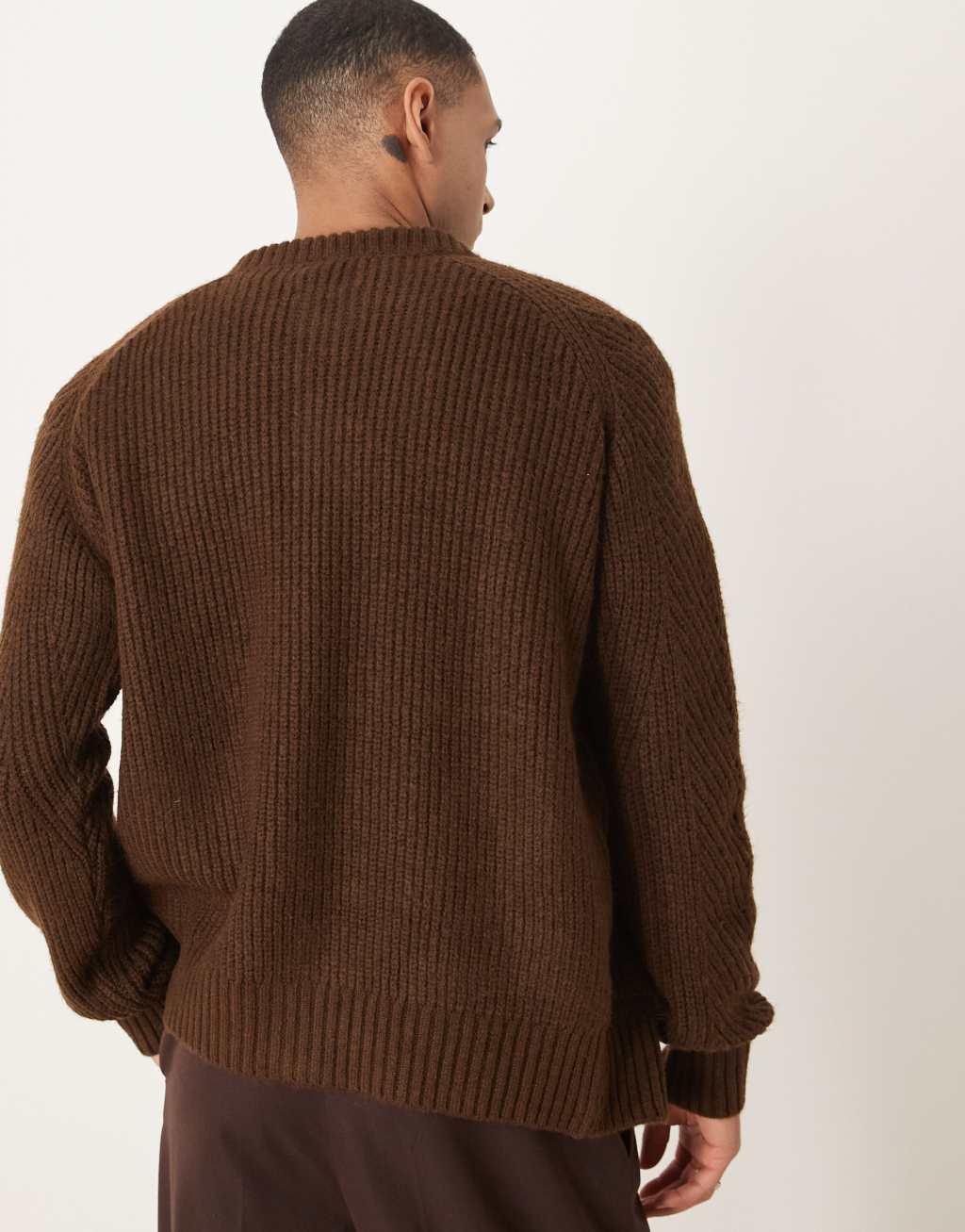 ASOS DESIGN oversized boxy fit knitted ribbed crew neck cardigan in brown Product Image